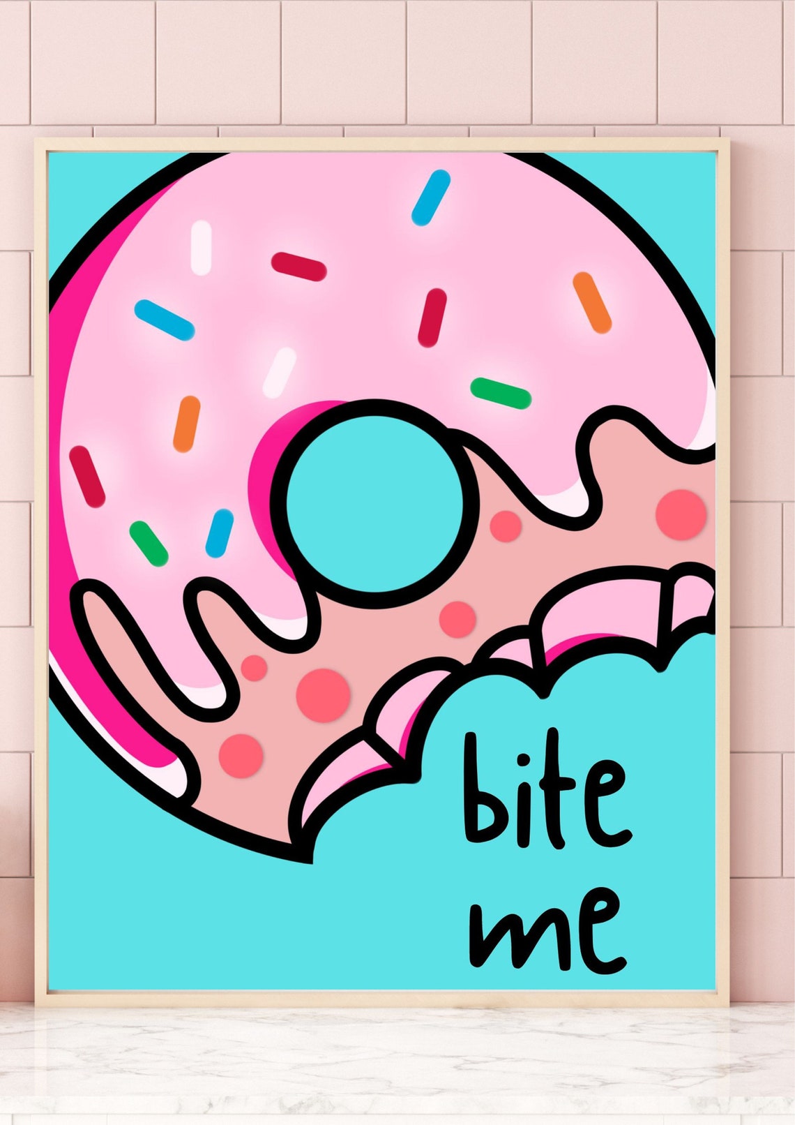 Bite Me Bitten Pink Donut Cartoon Funny Sweet Treat Wall Poster - Image 2