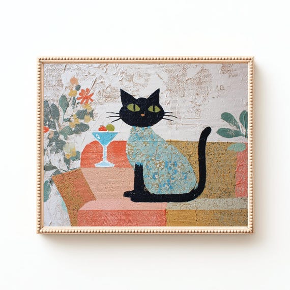 Retro Black Cat Art Print Midcentury Bar Decor
