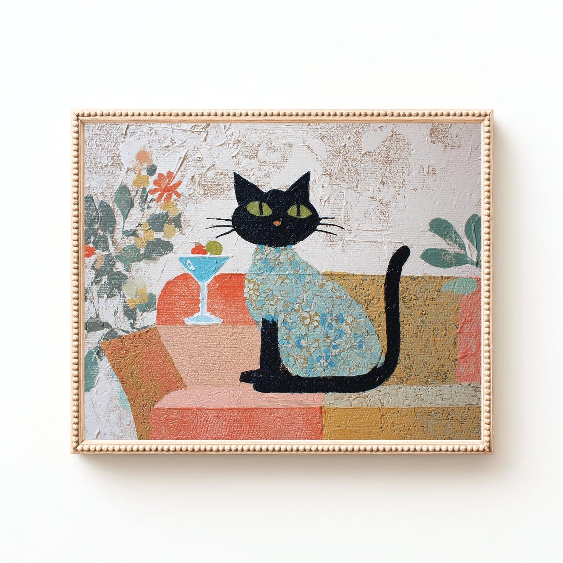Retro Black Cat Art Print Midcentury Bar Decor