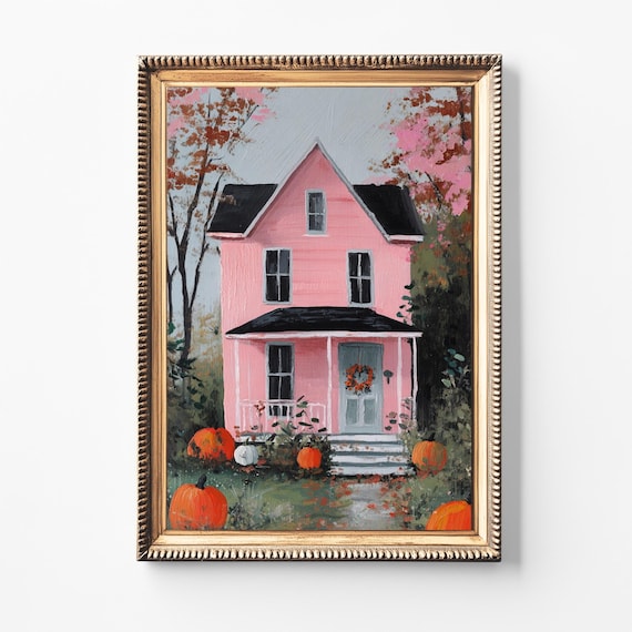 Pink Halloween House Print Vintage Folk Art Autumn Decor