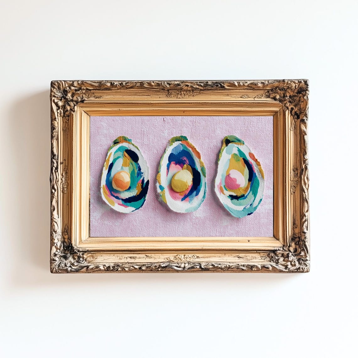 Pastel Painted Oyster Shell Trio Colorful Coastal Kitchen Art Print