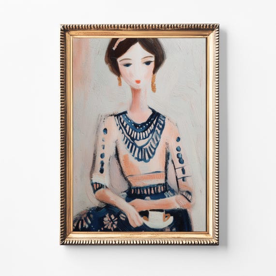 Vintage Woman With Teacup Art Print, Parisian Decor