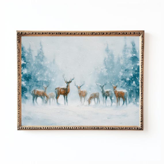 Winter Deer Scene Art Print Snowy Forest Rustic Cabin Decor
