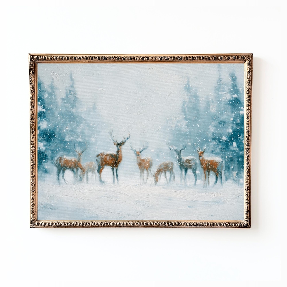 Deer Herd In Snowy Winter Forest Vintage Style Wildlife Poster