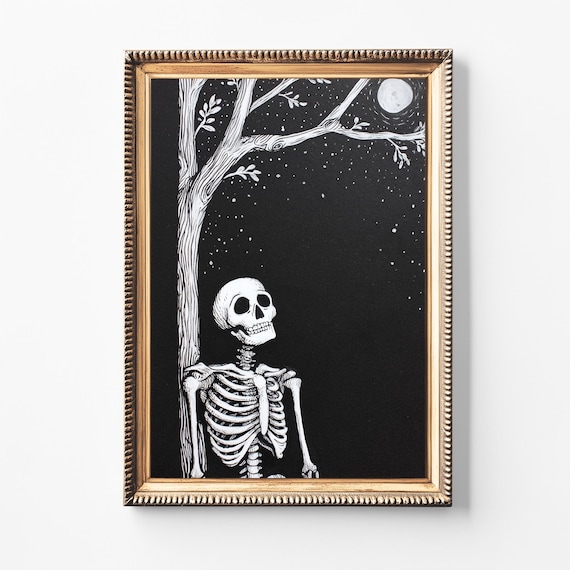 Vintage Skeleton Folk Art Print Spooky Halloween Wall Decor