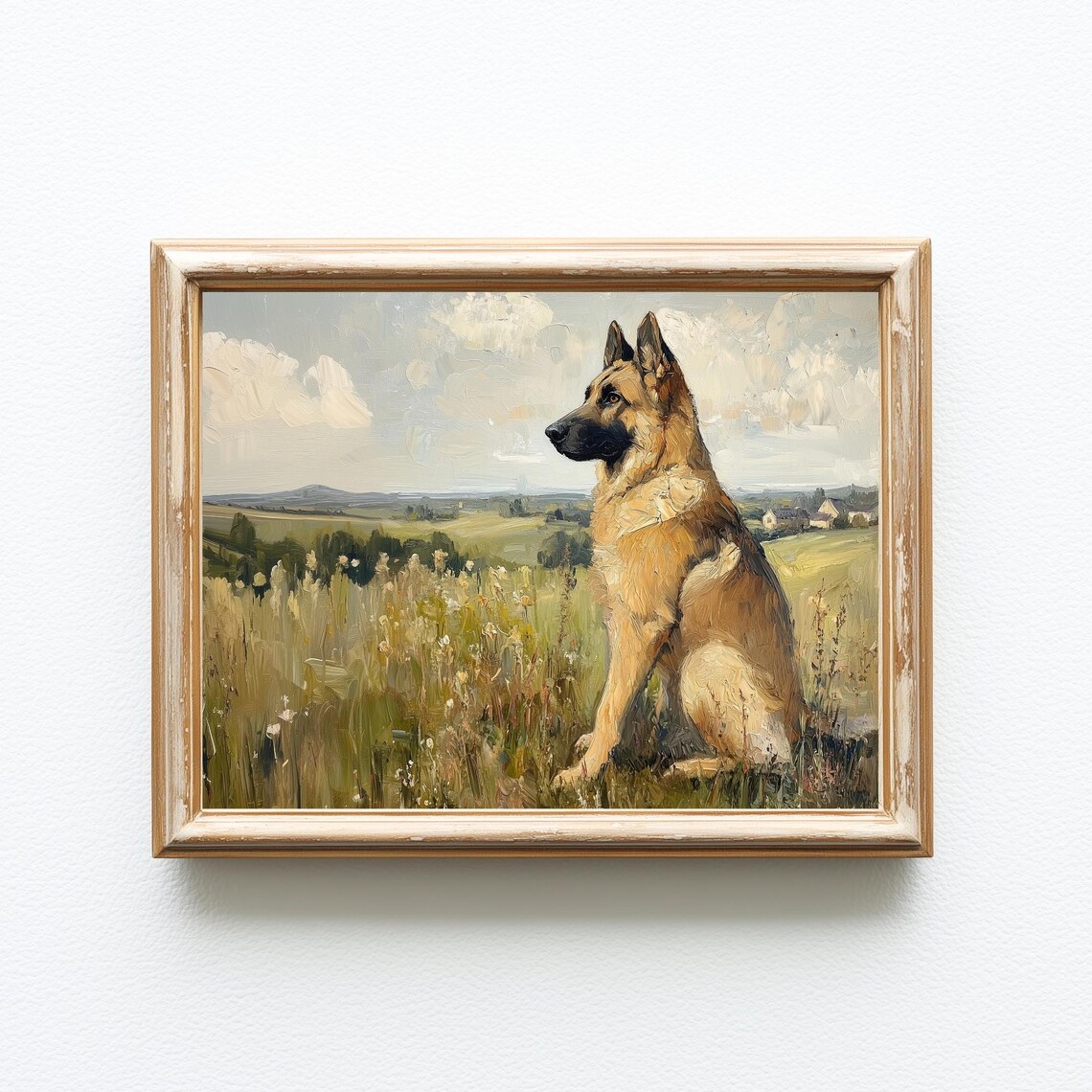 German Shepherd Sitting In A Meadow Vintage Style Oil Painting Poster