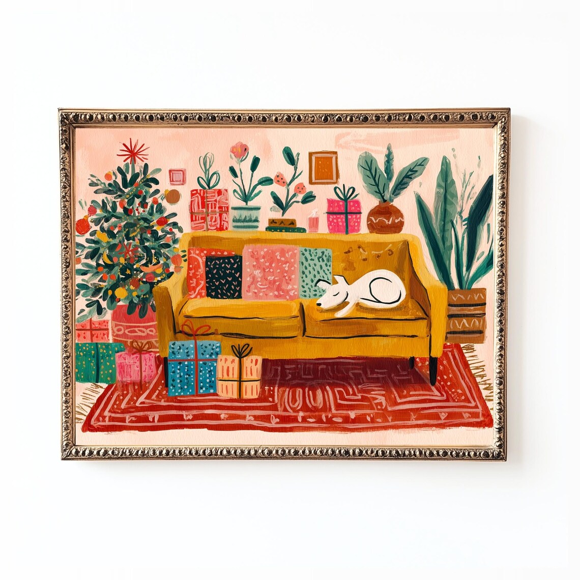 Festive Dog Christmas Folk Art, Art Print