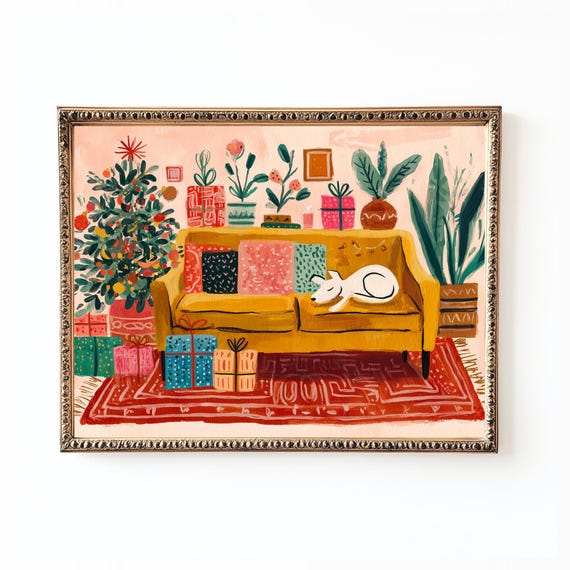 Festive Dog Christmas Folk Art, Art Print