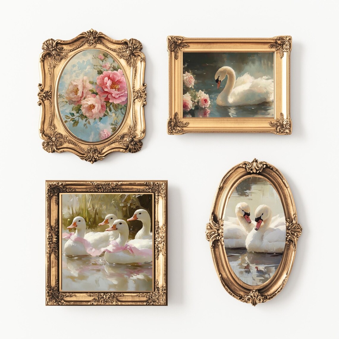 Vintage Swan Painting Gallery Wall Set of 4 Coquette Gold Framed Art Poster