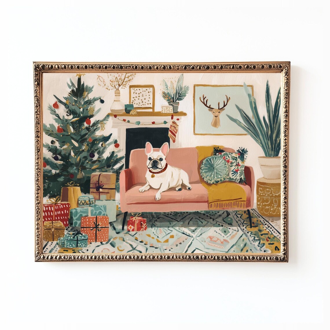 French Bulldog Christmas Living Room Cozy Modern Dog Wall Art