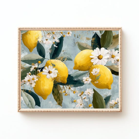 Lemons Daisies Citrus Kitchen Wall Art Blue Botanical Print