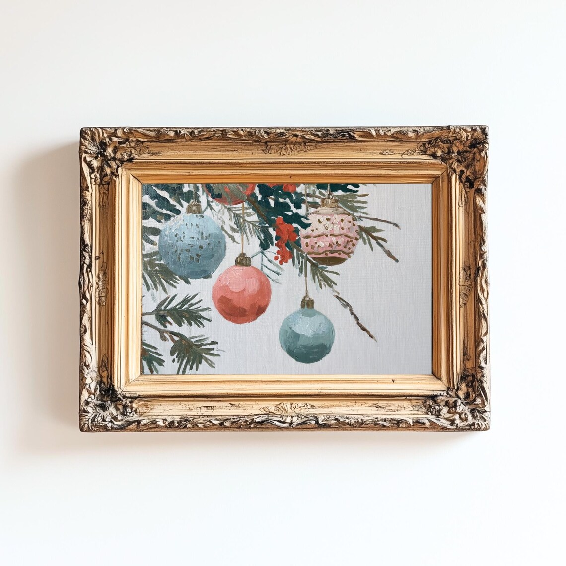 Pastel Christmas Ornaments Print Scandinavian Botanical Art