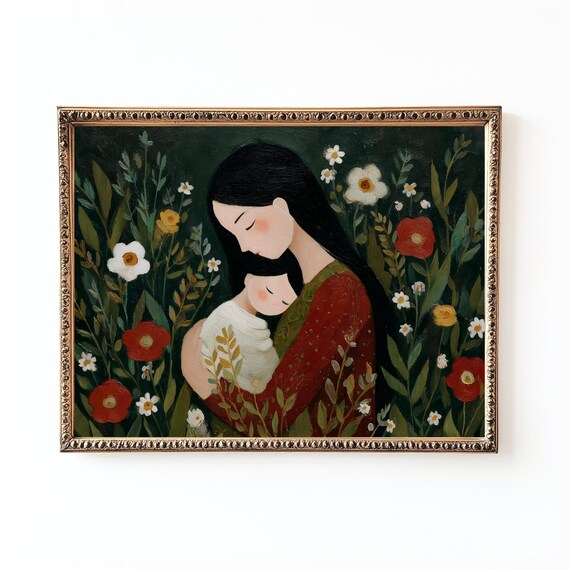 Mother And Baby Floral Painting, Tender Motherhood Art