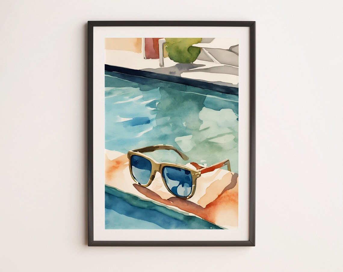 Glasses By The Pool Art Print, Summer Decor