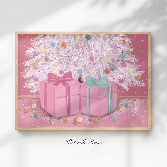 Pink Christmas Tree With Gifts Poster Festive Coquette Holiday Decor Art