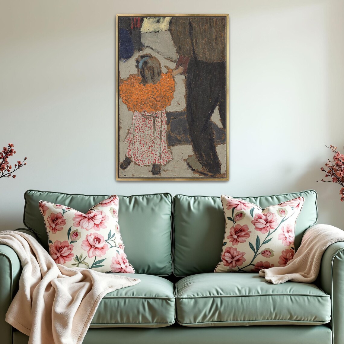 Framed Wall Art Of A Woman And A Man Walking In A Street Portrait Print Orange And White Entryway Art Print Boho Art