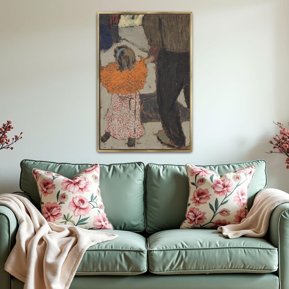 Framed Wall Art Of A Woman And A Man Walking In A Street Portrait Print Orange And White Entryway Art Print Boho Art