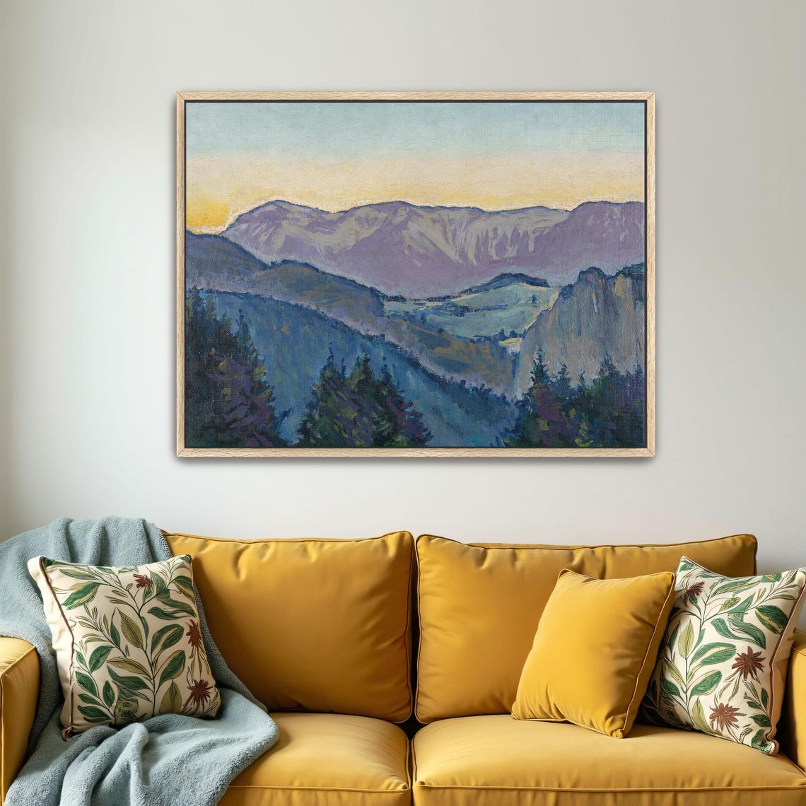 Framed Print Of Mountain Landscape At Sunset Mountain Fine Art Print Purple And Blue Living Room Decor Rustic Oil Painting - Image 5
