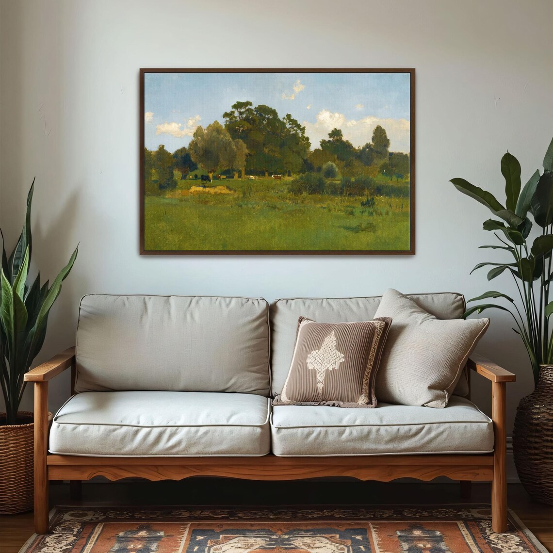 Peaceful Meadow With Grazing Cows Rustic Vintage Oil Painting Print - Image 5