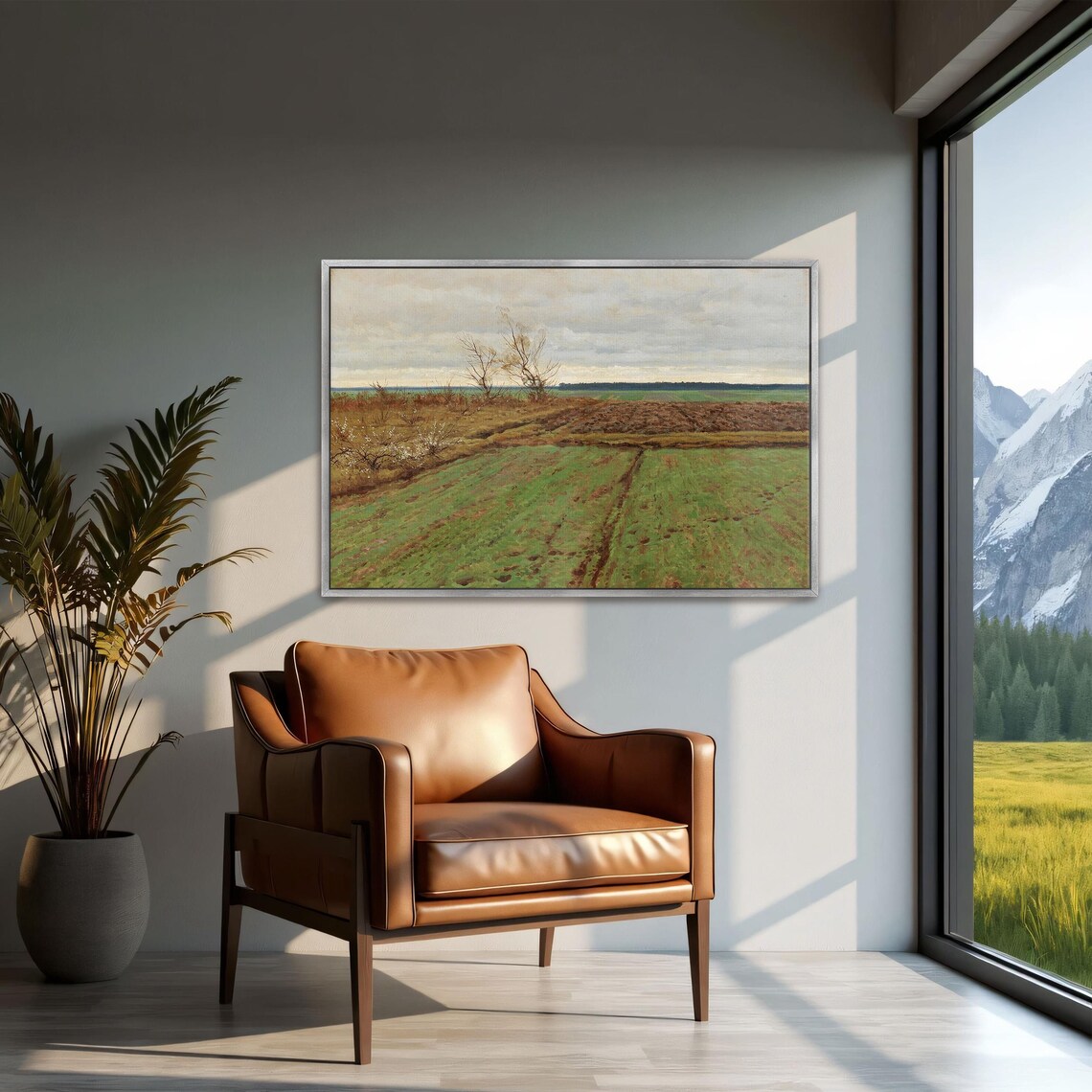 Large Framed Print Of Field With Trees And Cloudy Sky Landscape Fine Art Print Green And Brown Entryway Decor - Image 2