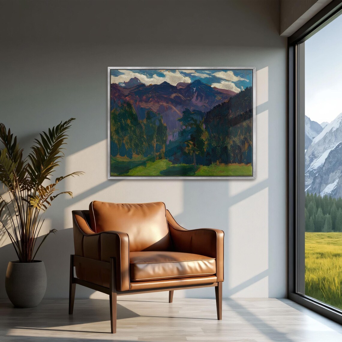 Framed Print Of Forest And Mountain Landscape Mountain Wall Art Green And Blue Living Room Art Print Rustic Oil Painting - Image 3