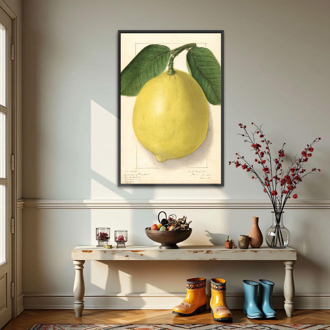 Single Lemon With Green Leaves Vintage Botanical Study Poster