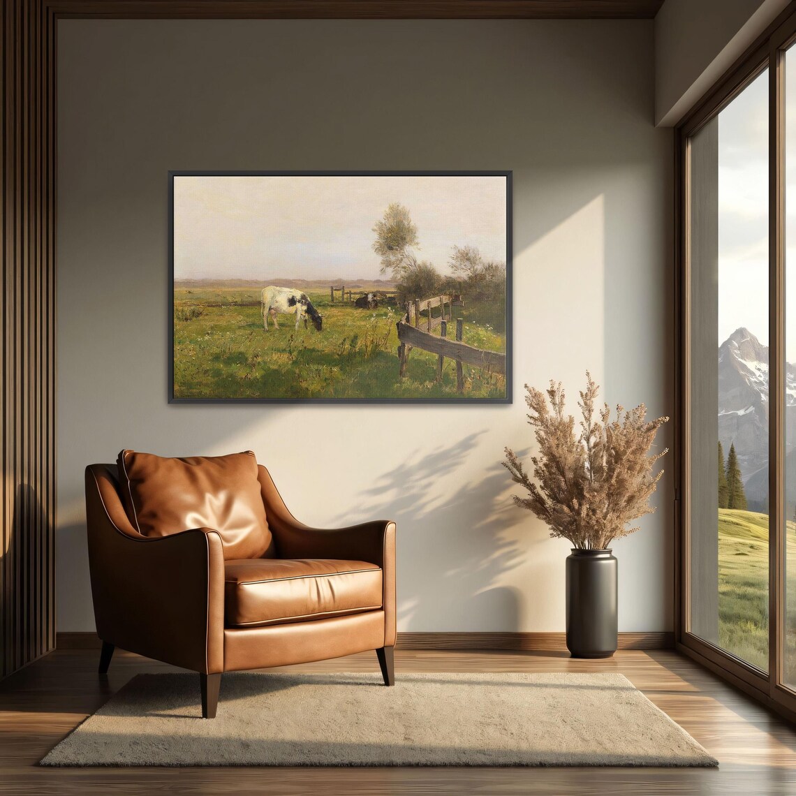 Cows Grazing in a Fenced Pasture Rustic Farm Landscape Art Print - Image 3