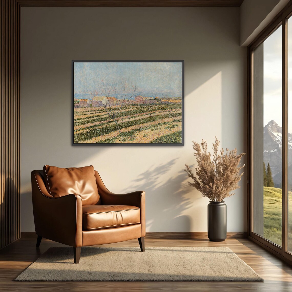 Framed Print Of Countryside Landscape With A Tree Landscape Wall Art Green And Beige Bedroom Artwork Rustic Oil Painting - Image 4
