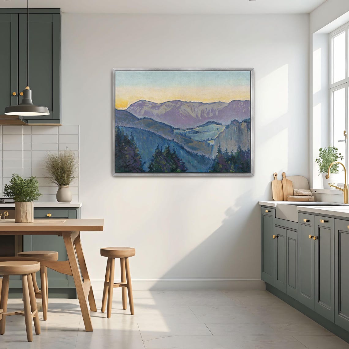 Framed Print Of Mountain Landscape At Sunset Mountain Fine Art Print Purple And Blue Living Room Decor Rustic Oil Painting - Image 3