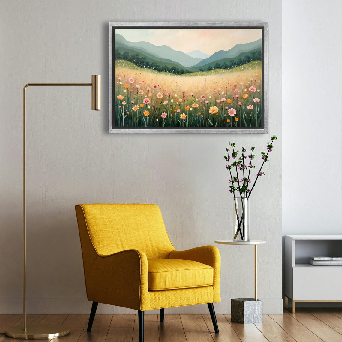 Sunlit Wildflower Meadow With Soft Green Rolling Mountains Poster - Image 5