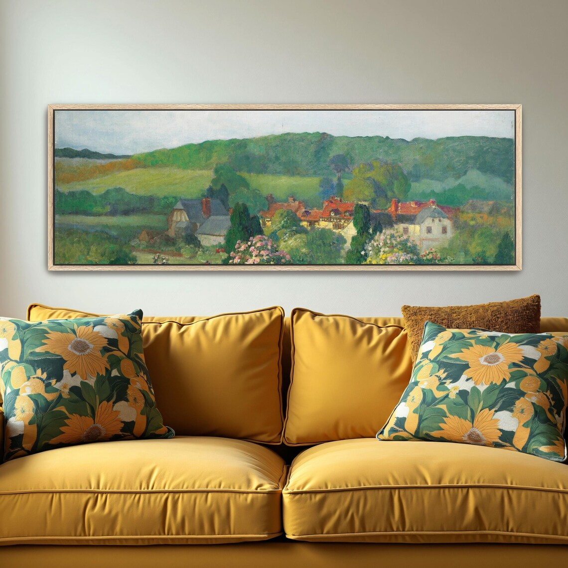 Countryside Landscape With Houses And Trees Panoramic Wall Art Horizontal Framed Art Above Bed Wall Art Bedroom And Living Room Art - Image 5
