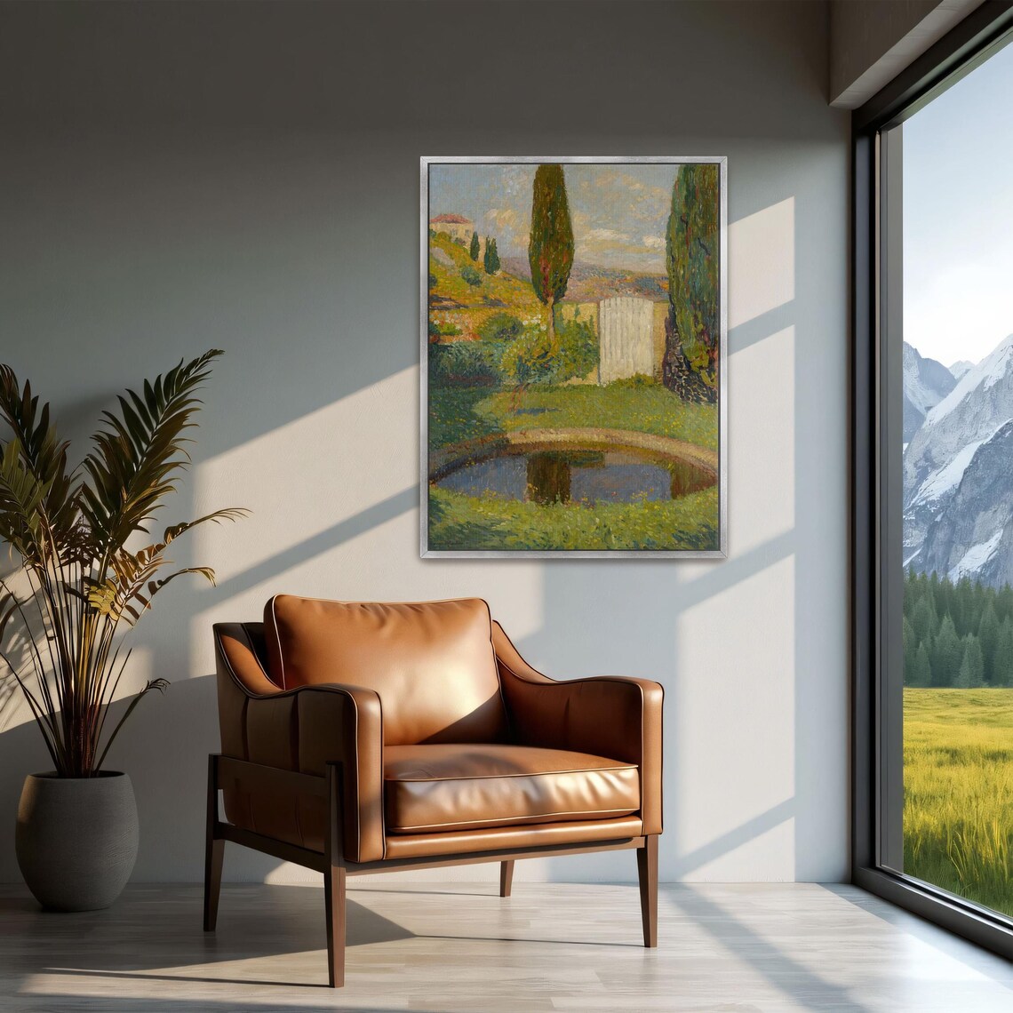 Framed Print Of A Pond In A Garden With Trees Landscape Fine Art Print Green And Blue Bedroom Art Print Rustic Oil Painting - Image 2
