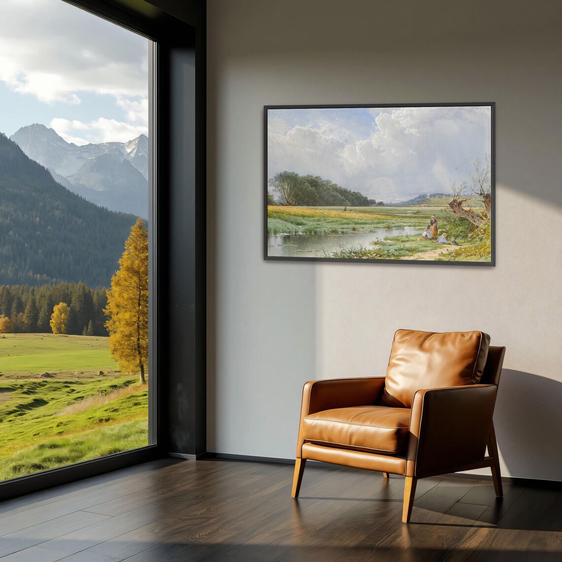 Figures by a River in a Golden Meadow Vintage Landscape Art Print - Image 3