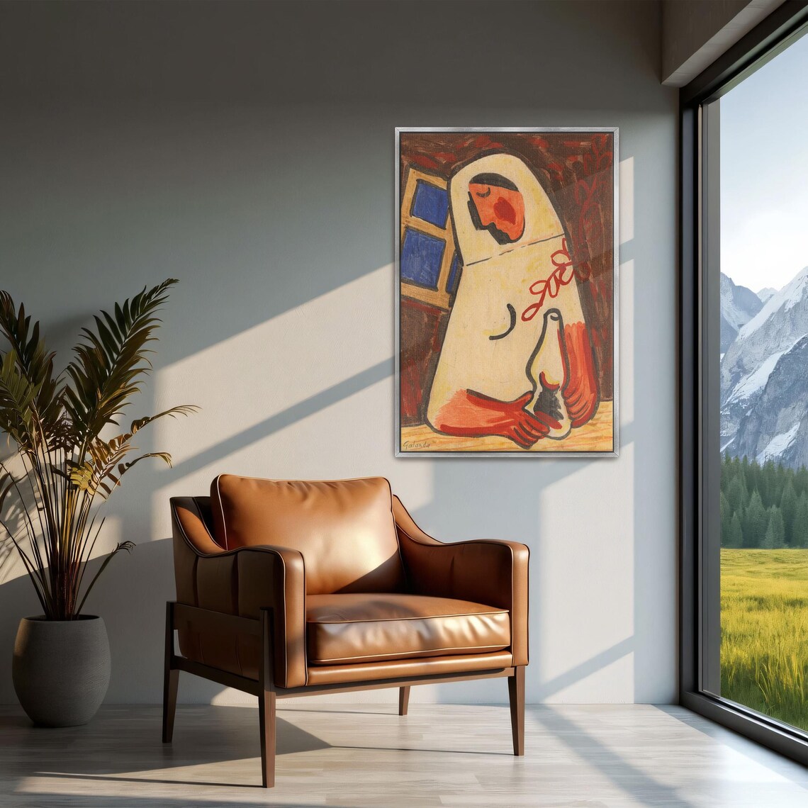 Mikuláš Galanda Woman in White Holding Lamp by Window Poster - Image 2