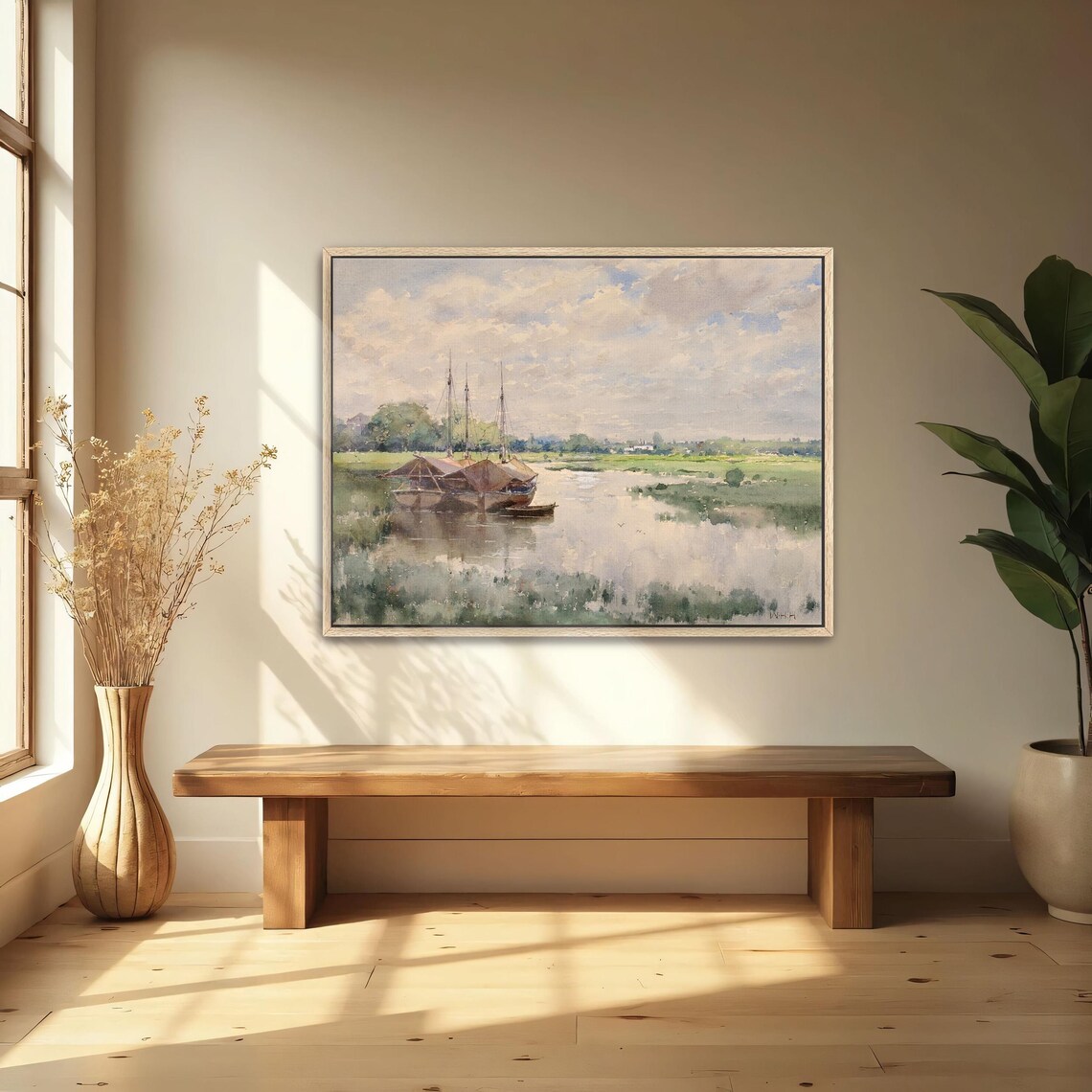 Large Framed Print Of River Scene With Boats And Trees Landscape Wall Art Green And Blue Bedroom Artwork Minimalist Art - Image 4