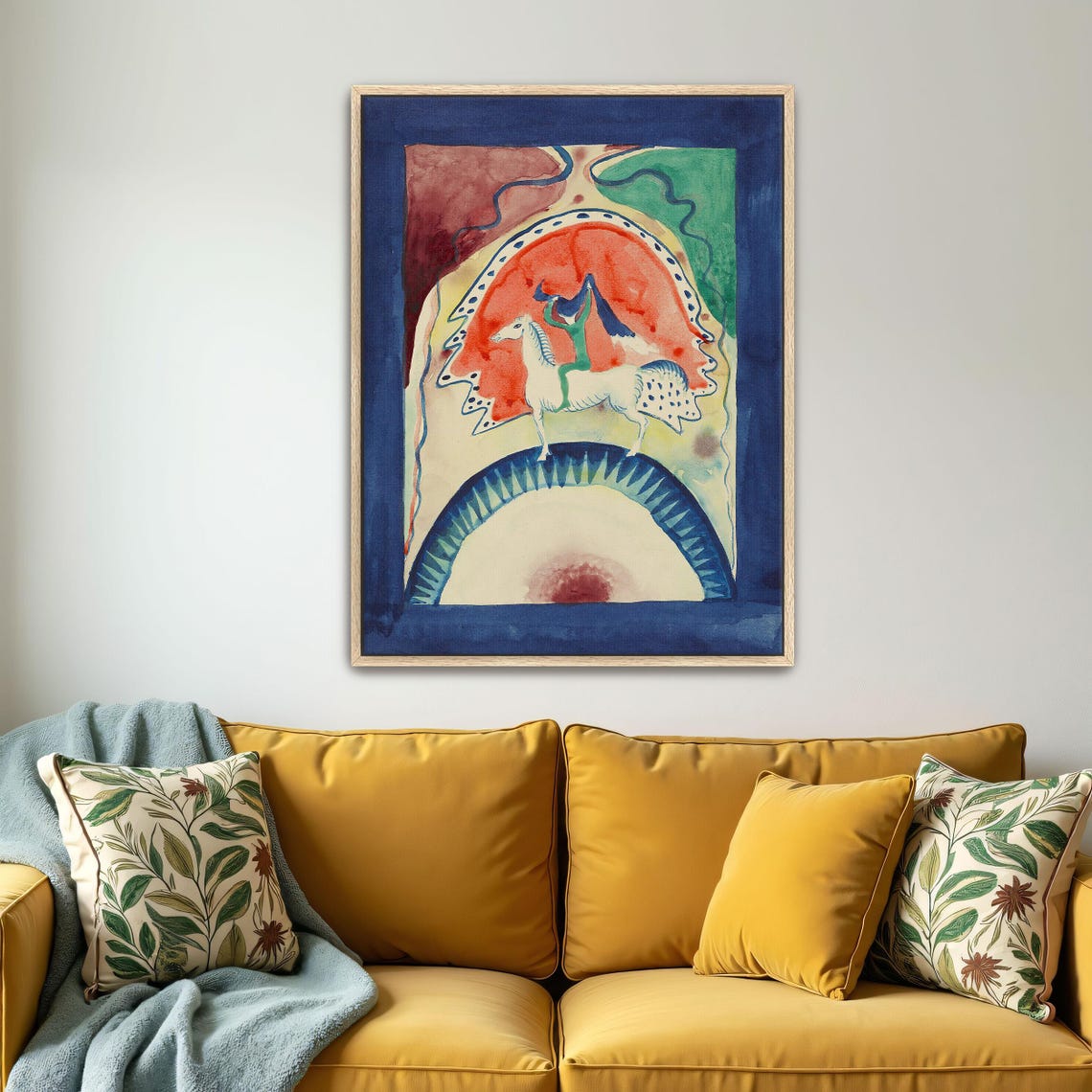 Rider on a White Horse Folk Art Style Watercolor Scene Poster - Image 5
