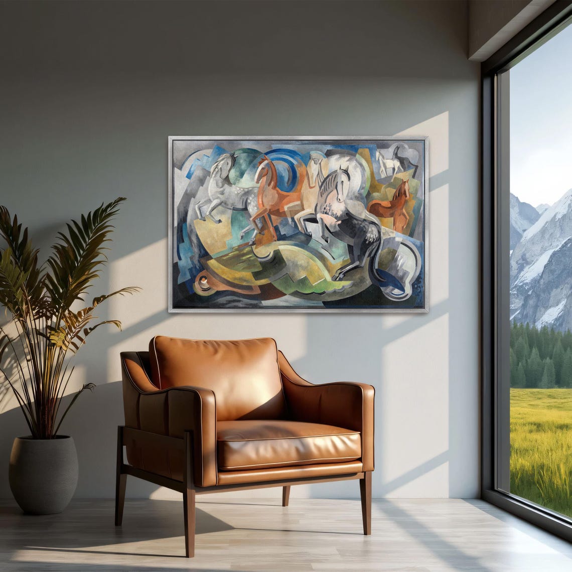 Large Framed Print Of Abstract Painting Of Five Horses Animal Wall Art Blue And Gray Bedroom Art Print Art Deco Oil Painting - Image 2