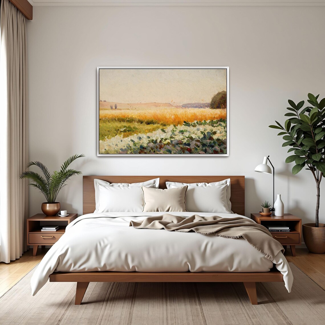 Framed Wall Art Of Field Of Cabbage With Distant Trees Landscape Wall Art Green And White Entryway Decor Rustic Oil Painting