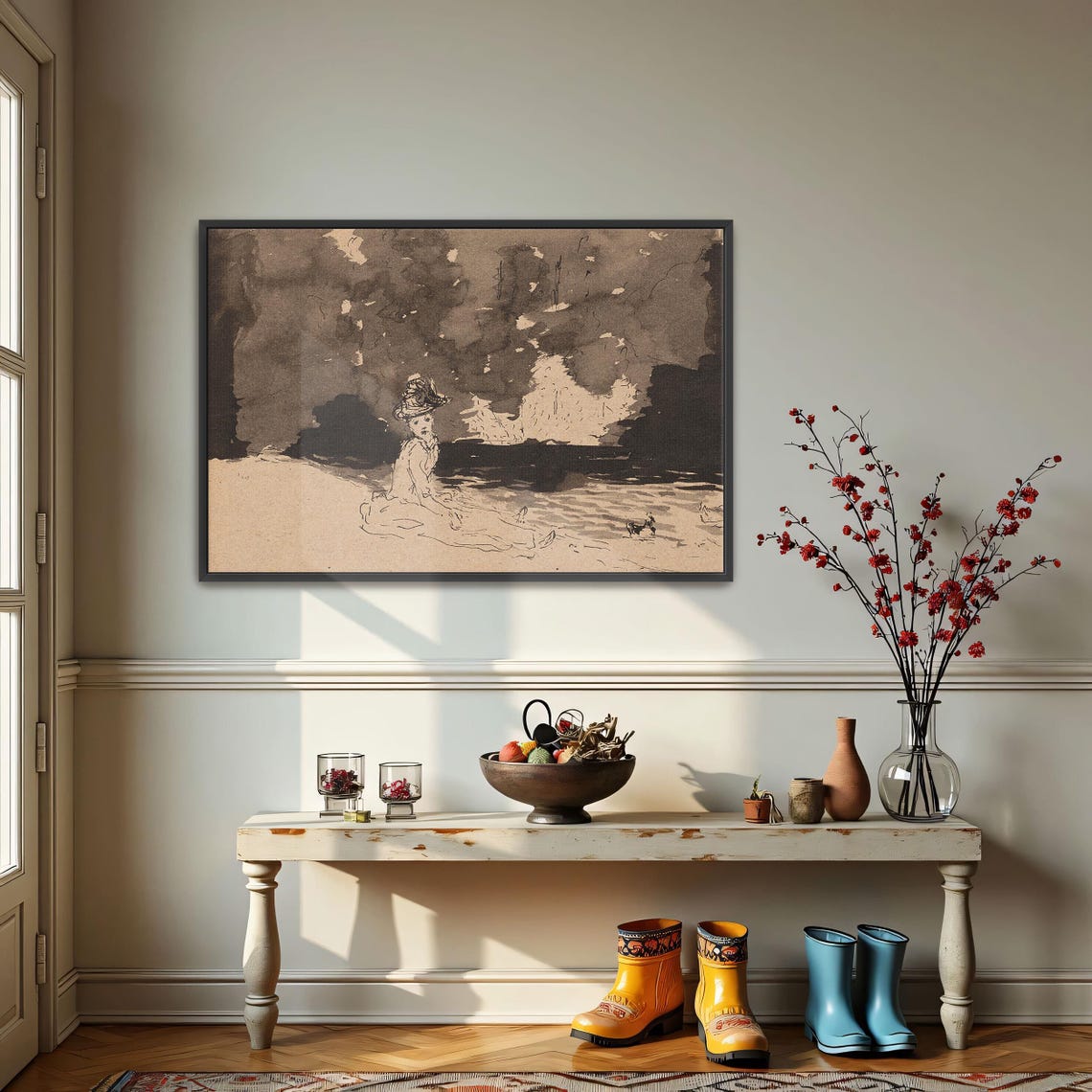 Framed Wall Art Of Woman And Dog By The Water Portrait Fine Art Print Black And White Living Room Artwork Bohemian Illustration - Image 3