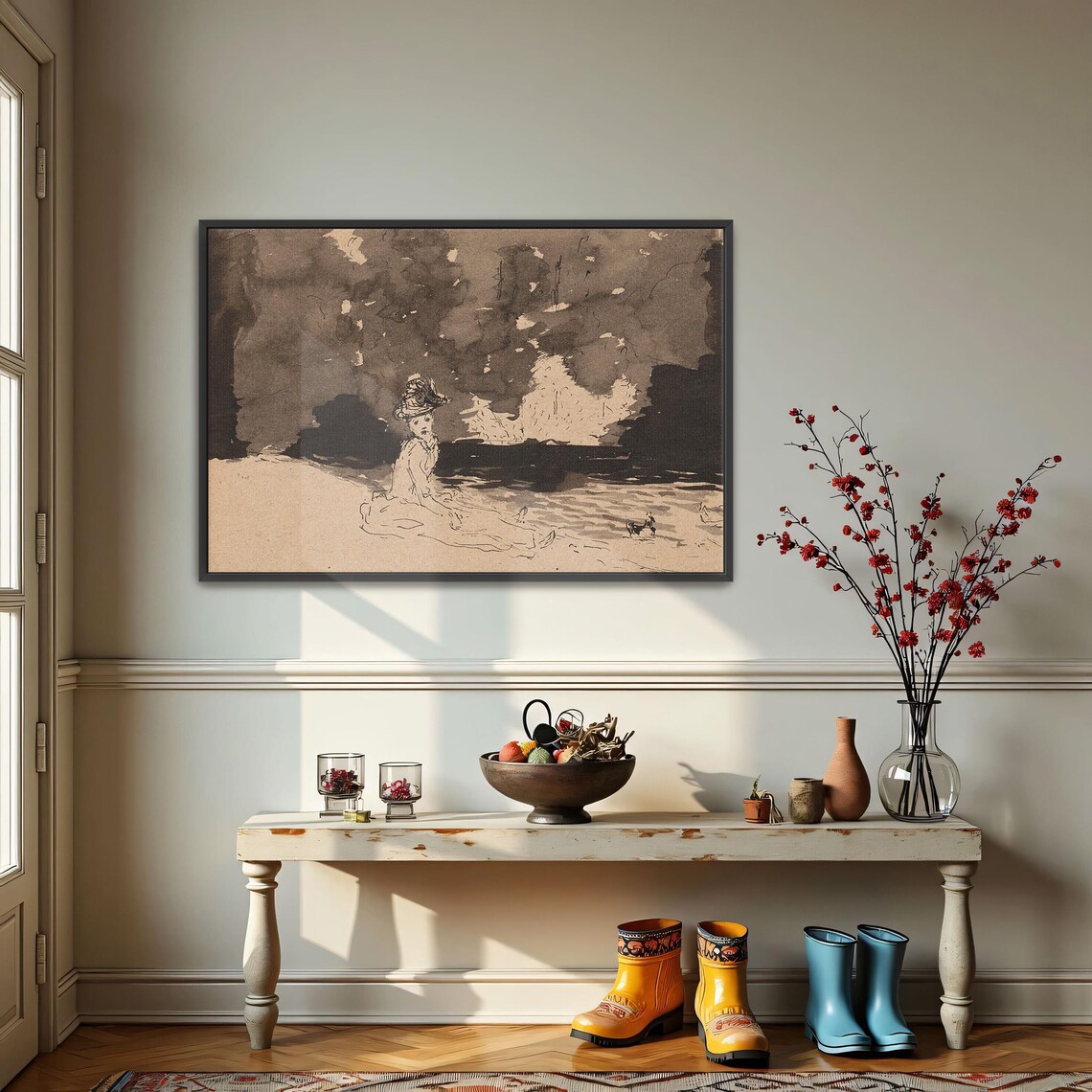 Woman And Dog Resting By Dark Waters In Sepia Wash Illustration Poster - Image 3