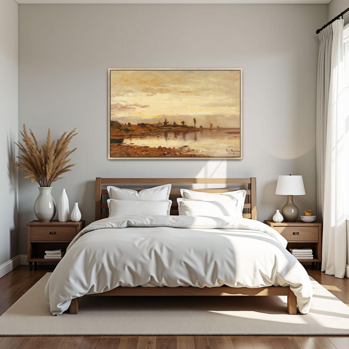 Framed Wall Art Of Sunset Over A Dutch Canal With Windmill Landscape Print Beige And Brown Bedroom Art Print Minimalist Art - Image 5