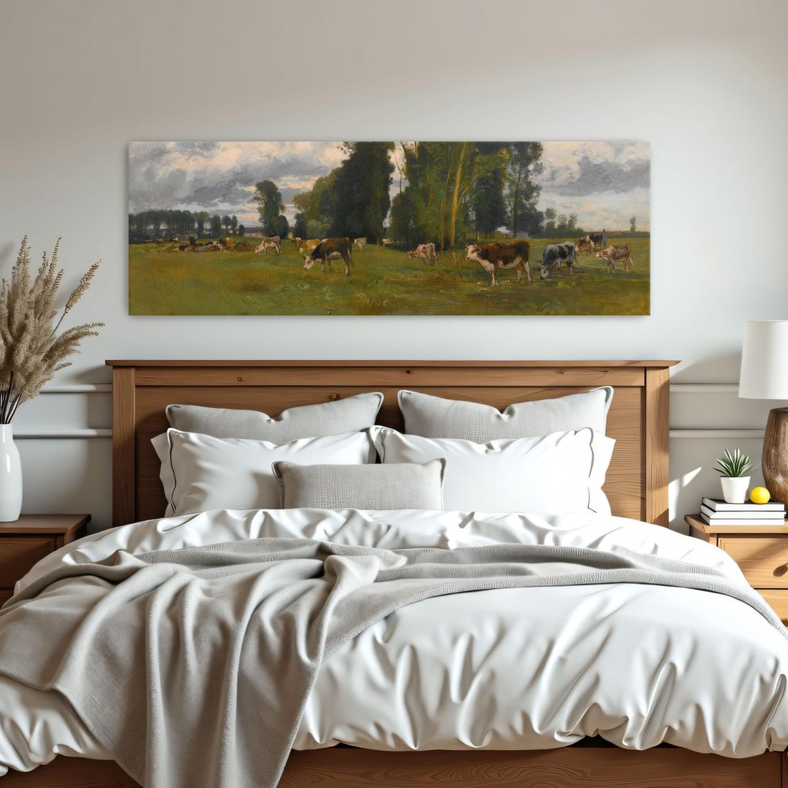 Cows Grazing in a Sunlit Green Pasture Under Tall Trees Poster - Image 3