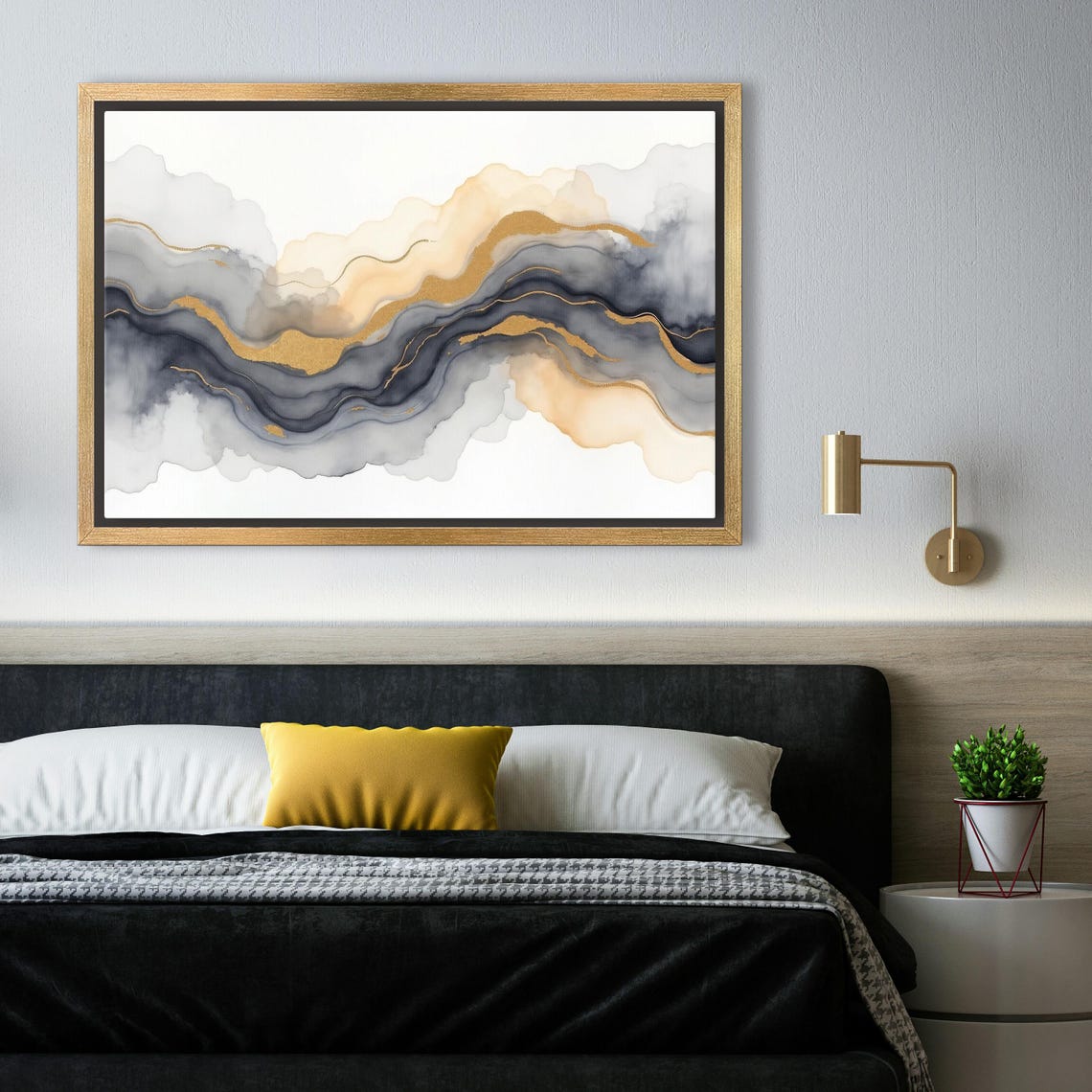 Gold Glitter Ribbon Through Dark Indigo Ink Waves Abstract Art Poster - Image 4
