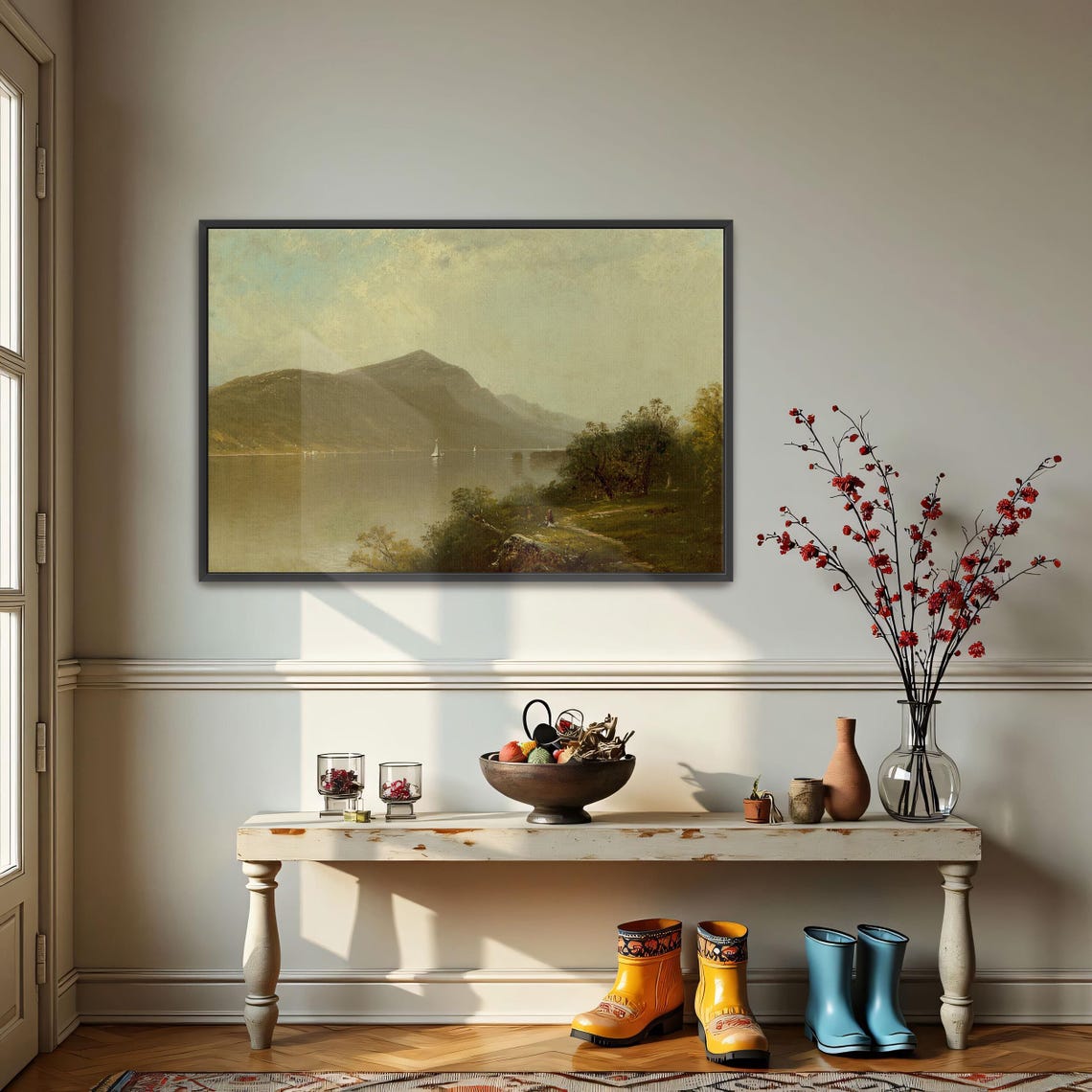 Framed Wall Art Of Sailboats On A Lake With Mountains In The Background Landscape Print Green And Brown Entryway Art - Image 4