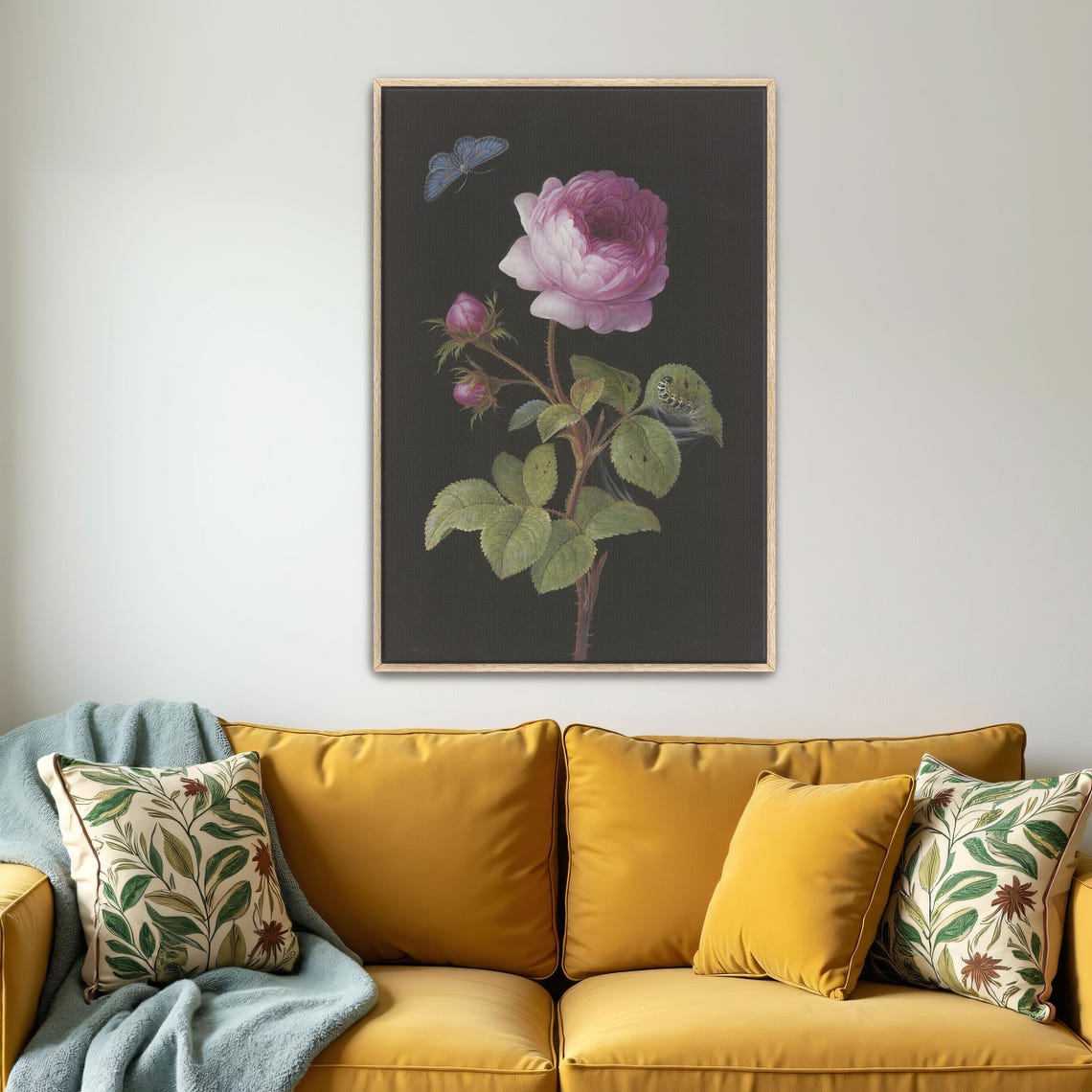Large Framed Print Of Pink Rose Butterfly Caterpillar Botanical Fine Art Print Pink And Green Kitchen Art Print - Image 4
