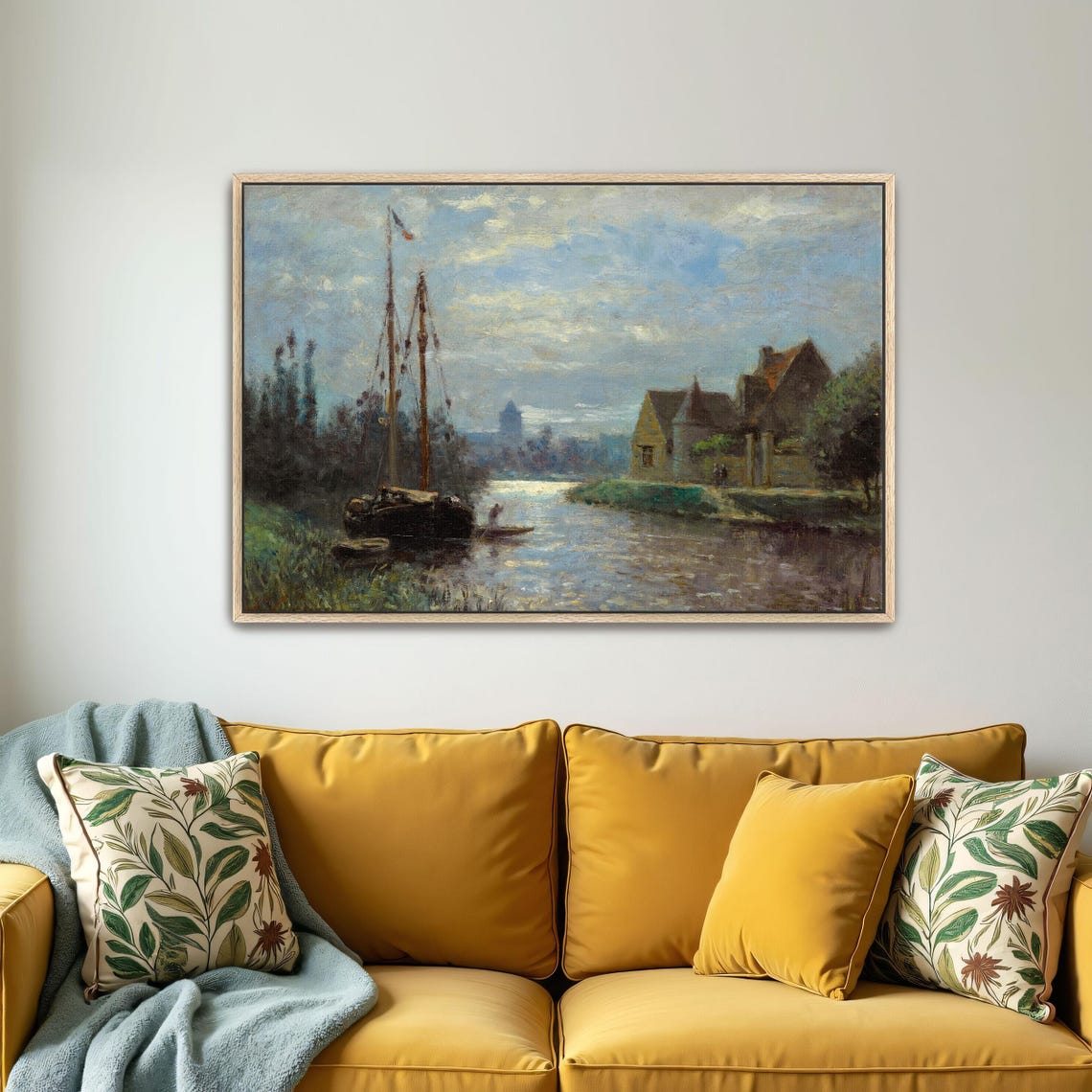 Impressionist Moored Boat on Canal Riverside Houses Evening Poster - Image 4