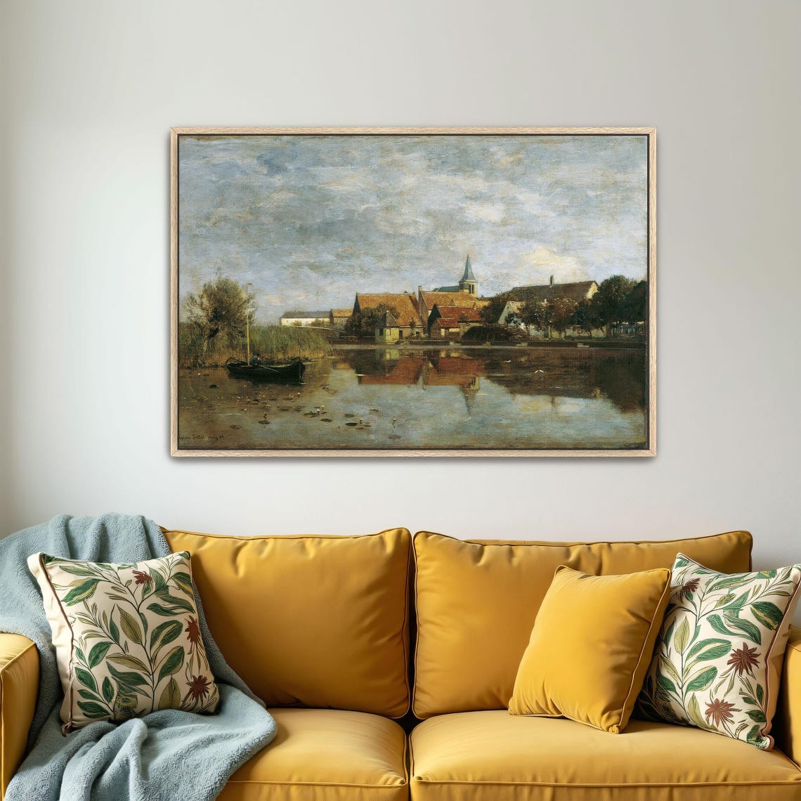 Framed Wall Art Of A Village By A Lake With A Boat Landscape Fine Art Print Green And Blue Living Room Artwork Rustic Oil Painting - Image 5