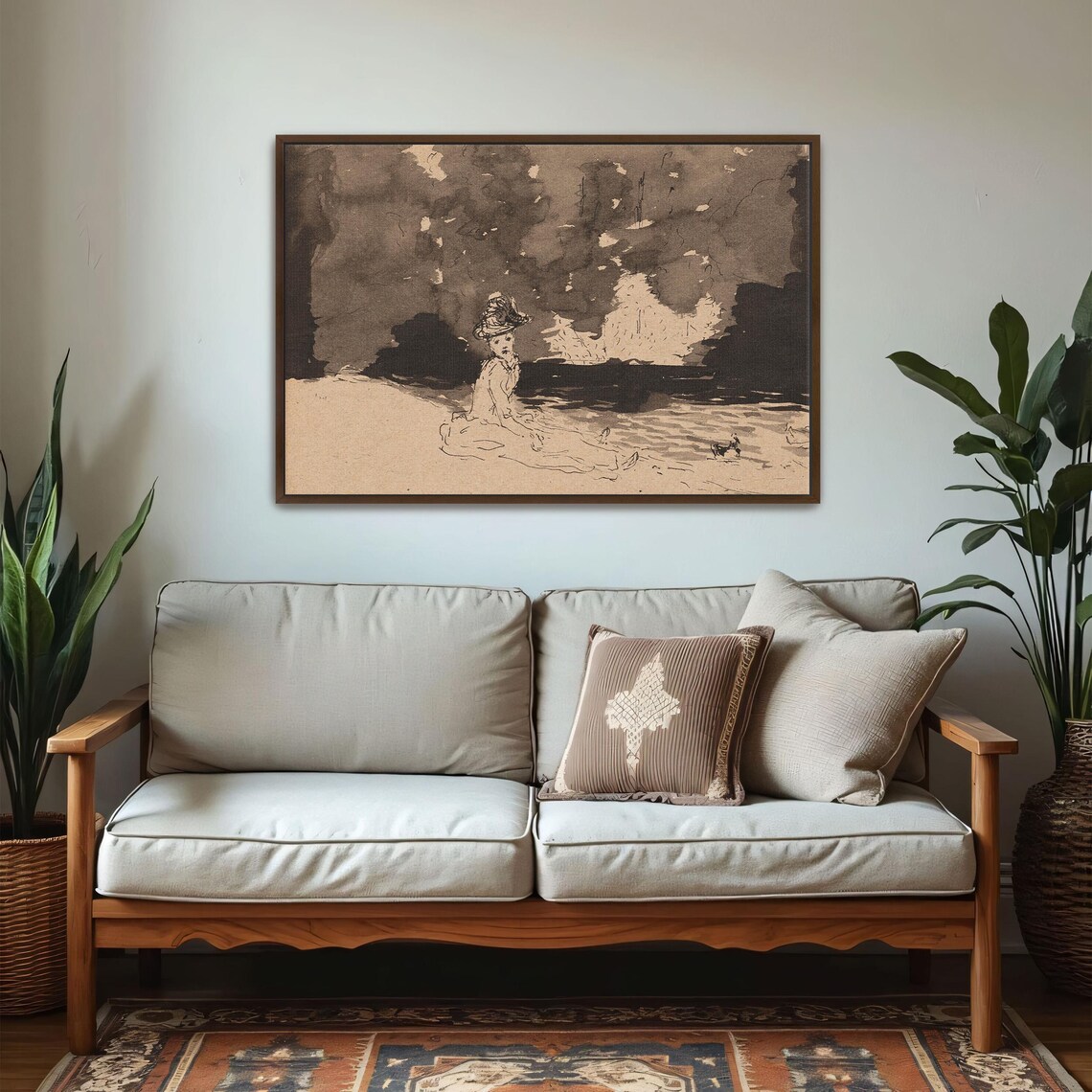 Woman And Dog Resting By Dark Waters In Sepia Wash Illustration Poster - Image 5