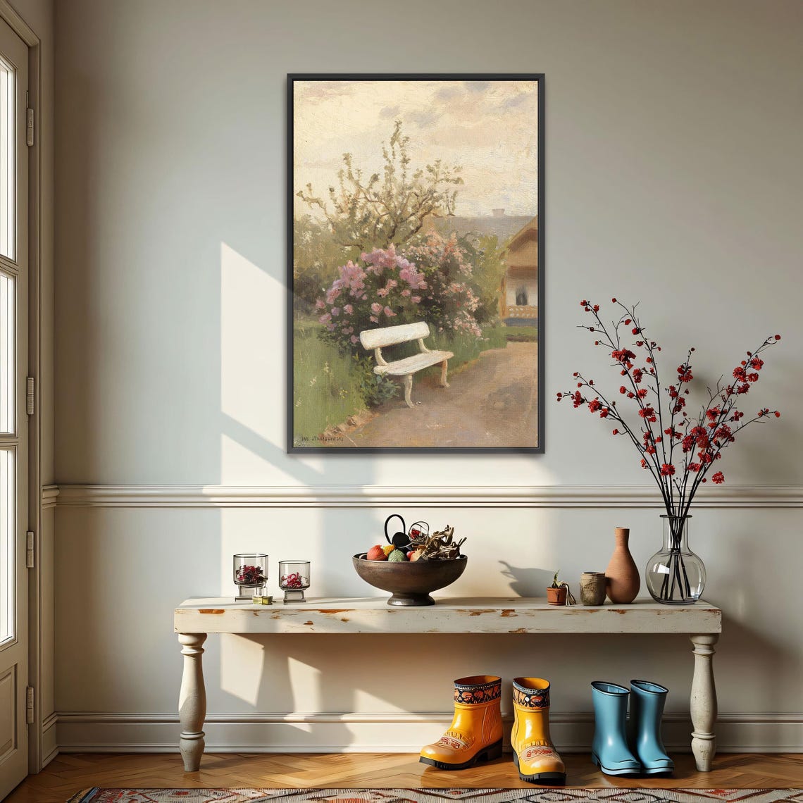 White Garden Bench Under Blooming Lilacs By A Cottage Poster - Image 3