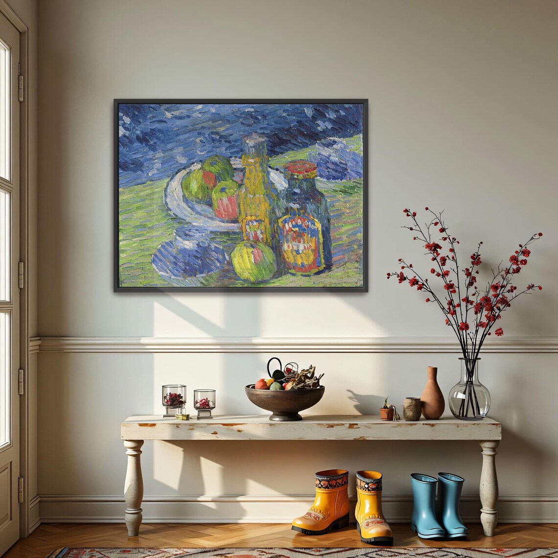 Still Life With Bottles And Fruit In Heavy Impasto Oil Poster - Image 3
